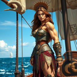 A powerful and muscular ancient Greek woman as a ship captain, standing boldly on the deck of a sturdy ship, wearing ornate armor that showcases her physique