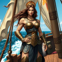 A powerful and muscular ancient Greek woman as a ship captain, standing boldly on the deck of a sturdy ship, wearing ornate armor that showcases her physique
