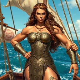 A powerful and muscular ancient Greek woman as a ship captain, standing boldly on the deck of a sturdy ship, wearing ornate armor that showcases her physique