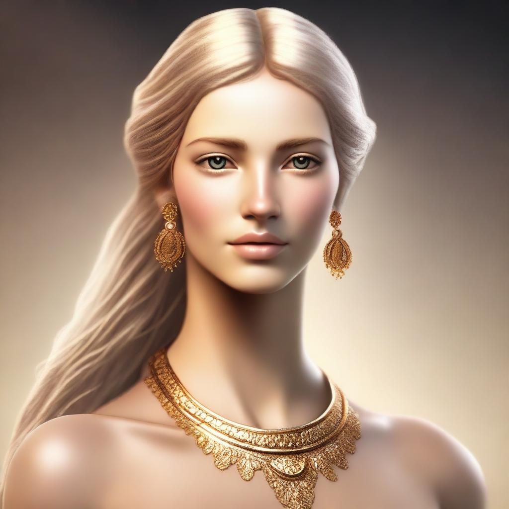 A high-quality digital art image of a beautiful, tall, and slender woman from the 7th century BC with golden hair and shining eyes