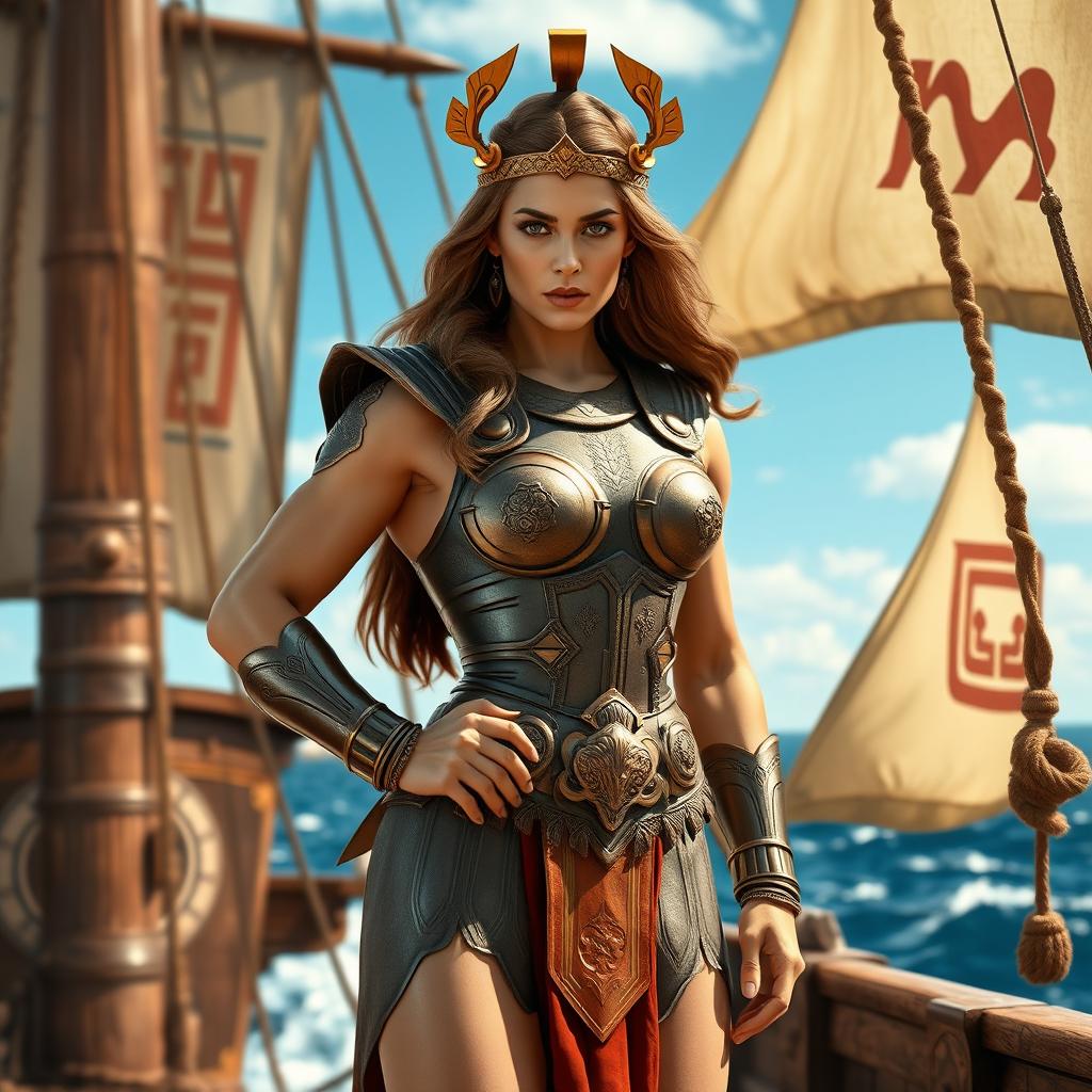 A powerful and muscular ancient Greek woman as a ship captain, standing boldly on the deck of a sturdy ship, wearing ornate armor that showcases her physique