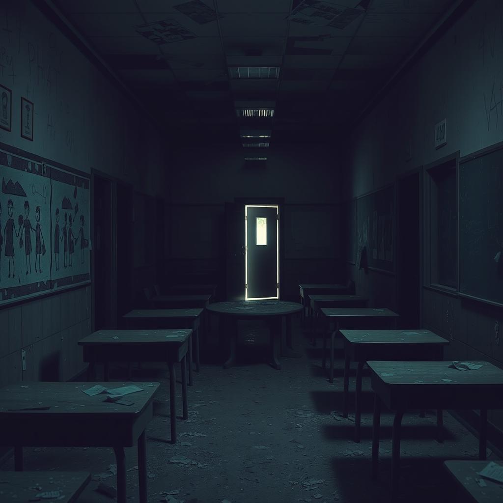 An eerie scene set in an abandoned elementary school, showcasing dimly lit hallways and empty classrooms filled with dust