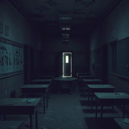 An eerie scene set in an abandoned elementary school, showcasing dimly lit hallways and empty classrooms filled with dust