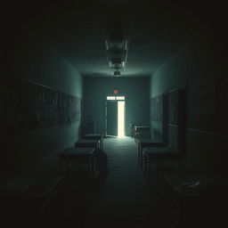 An eerie scene set in an abandoned elementary school, showcasing dimly lit hallways and empty classrooms filled with dust