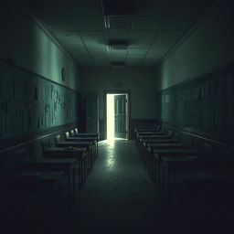 An eerie scene set in an abandoned elementary school, showcasing dimly lit hallways and empty classrooms filled with dust