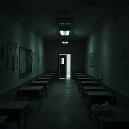 An eerie scene set in an abandoned elementary school, showcasing dimly lit hallways and empty classrooms filled with dust
