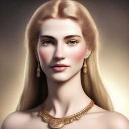 A high-quality digital art image of a beautiful, tall, and slender woman from the 7th century BC with golden hair and shining eyes