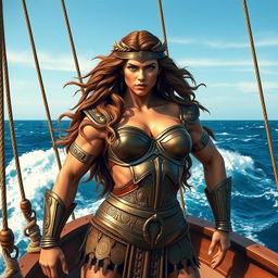 A muscular ancient Greek woman as a ship captain, standing proudly on the deck of a strong ship