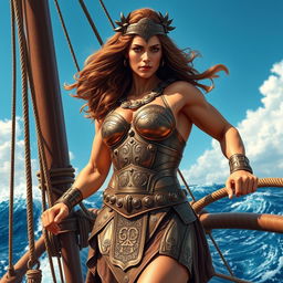 A muscular ancient Greek woman as a ship captain, standing proudly on the deck of a strong ship