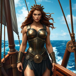 A muscular ancient Greek woman as a ship captain, standing proudly on the deck of a strong ship