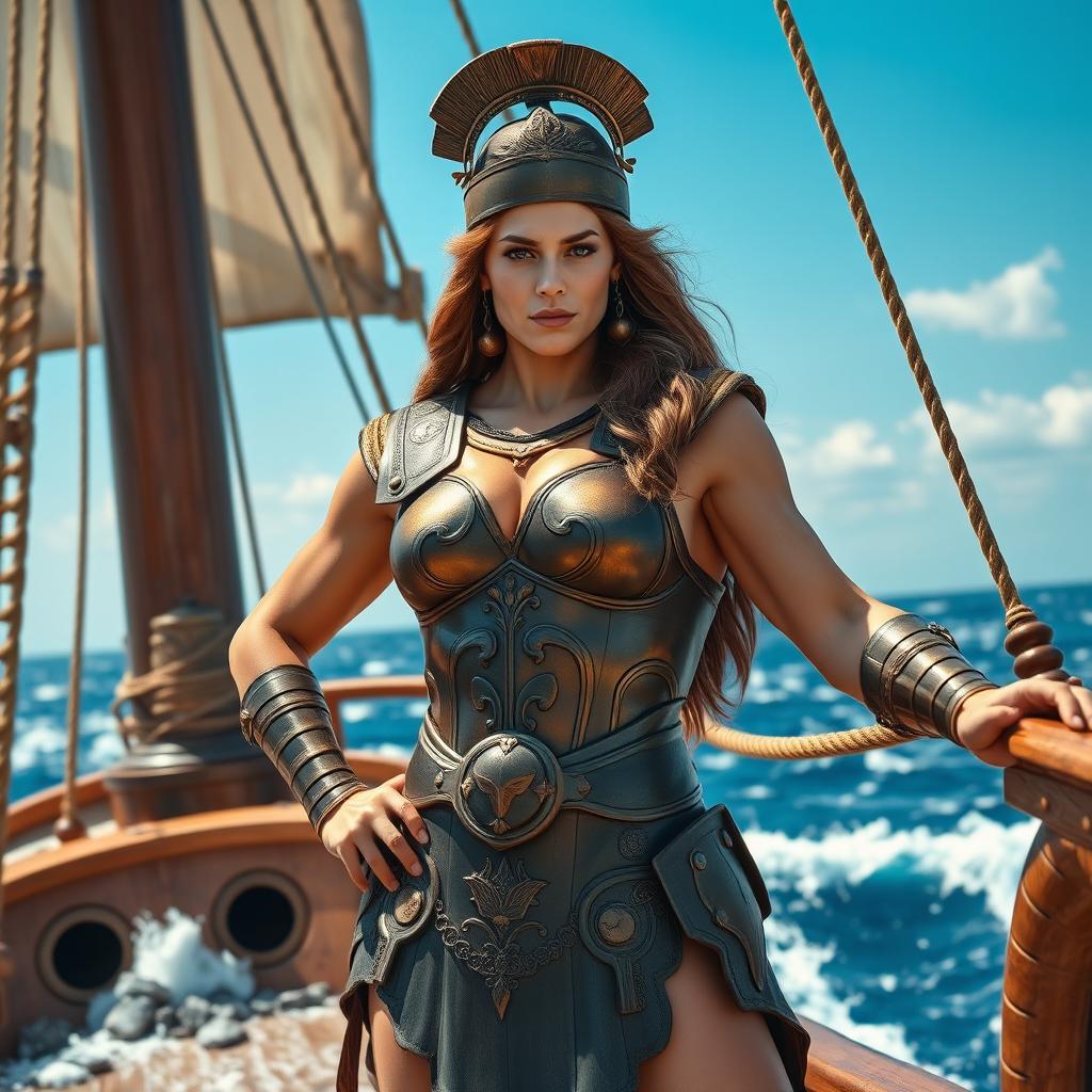 A muscular ancient Greek woman as a ship captain, standing proudly on the deck of a strong ship