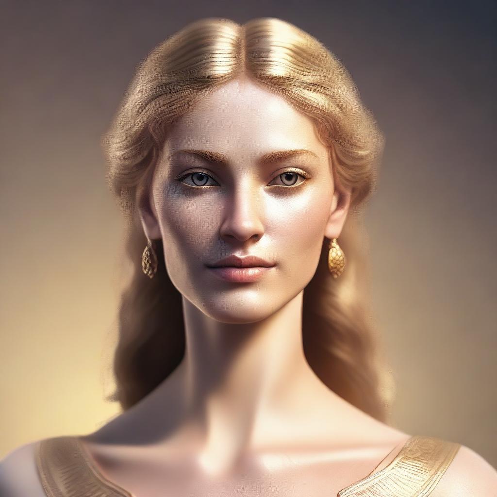 A high-quality digital art image of a beautiful, tall, and slender woman from the 7th century BC with golden hair and shining eyes