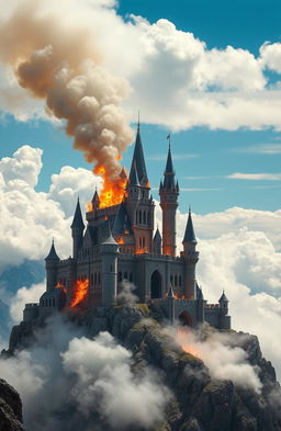 A breathtaking castle perched atop a majestic mountain, surrounded by a sea of fluffy white clouds