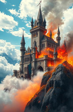 A breathtaking castle perched atop a majestic mountain, surrounded by a sea of fluffy white clouds