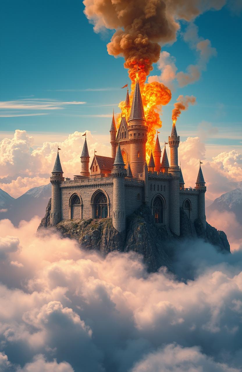 A breathtaking castle perched atop a majestic mountain, surrounded by a sea of fluffy white clouds