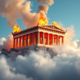 A stunning medieval Greek temple majestically situated atop a towering mountain, rising above a sea of soft, white clouds