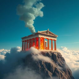 A stunning medieval Greek temple majestically situated atop a towering mountain, rising above a sea of soft, white clouds
