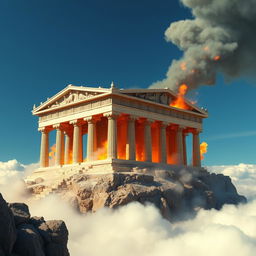 A stunning medieval Greek temple majestically situated atop a towering mountain, rising above a sea of soft, white clouds