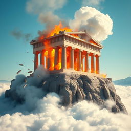 A stunning medieval Greek temple majestically situated atop a towering mountain, rising above a sea of soft, white clouds