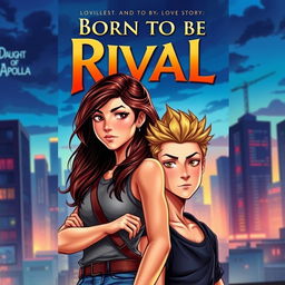 A captivating book cover illustrating a teenage girl with rich brunette hair, the daughter of Apollo, showcasing her confident and fierce spirit