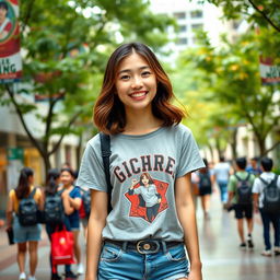 A lively portrait of a 21-year-old female college student from Hong Kong, capturing her youthful spirit and academic energy