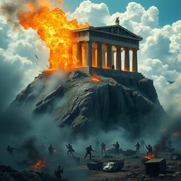 A magnificent medieval Greek temple, majestic and ancient, perched atop a towering mountain above the fluffy clouds