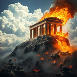 A magnificent medieval Greek temple, majestic and ancient, perched atop a towering mountain above the fluffy clouds