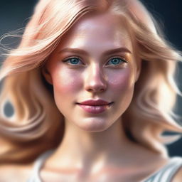 A hyper-realistic digital artwork featuring an elegant woman with golden hair, shiny eyes, and rosy cheeks