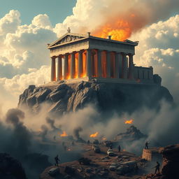 A magnificent medieval Greek temple, majestic and ancient, perched atop a towering mountain above the fluffy clouds
