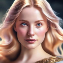 A hyper-realistic digital artwork featuring an elegant woman with golden hair, shiny eyes, and rosy cheeks