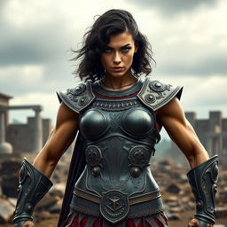 A muscular ancient Greek woman warrior standing fiercely in bronze armor, showcasing her powerful physique