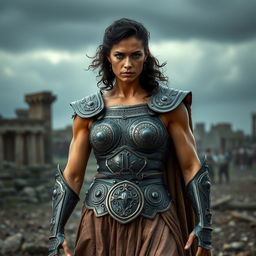 A muscular ancient Greek woman warrior standing fiercely in bronze armor, showcasing her powerful physique