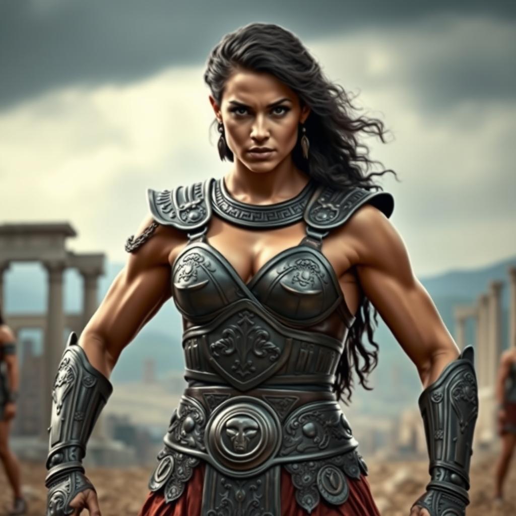 A muscular ancient Greek woman warrior standing fiercely in bronze armor, showcasing her powerful physique