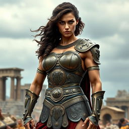 A muscular ancient Greek woman warrior standing fiercely in bronze armor, showcasing her powerful physique