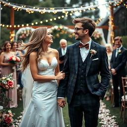 A scene depicting a charming and quirky wedding ceremony featuring an adorable nerdy husband wearing stylish glasses, a plaid suit, and a quirky bow tie, standing beside his stunningly attractive bride with flowing long hair and an elegant wedding dress