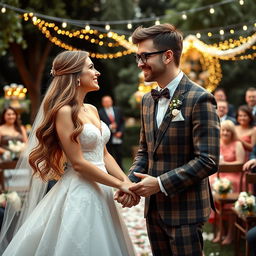 A scene depicting a charming and quirky wedding ceremony featuring an adorable nerdy husband wearing stylish glasses, a plaid suit, and a quirky bow tie, standing beside his stunningly attractive bride with flowing long hair and an elegant wedding dress