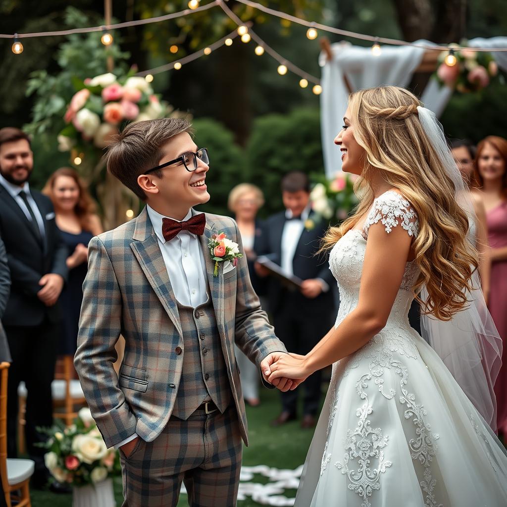 A scene depicting a charming and quirky wedding ceremony featuring an adorable nerdy husband wearing stylish glasses, a plaid suit, and a quirky bow tie, standing beside his stunningly attractive bride with flowing long hair and an elegant wedding dress