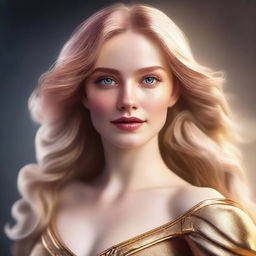 A hyper-realistic digital artwork featuring an elegant woman with golden hair, shiny eyes, and rosy cheeks