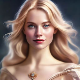 A hyper-realistic digital artwork featuring an elegant woman with golden hair, shiny eyes, and rosy cheeks