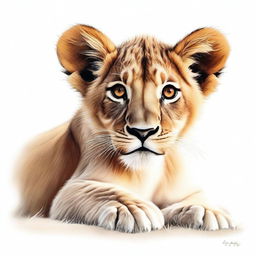 A high-quality, detailed illustration of a full-bodied lion cub against a stark white background