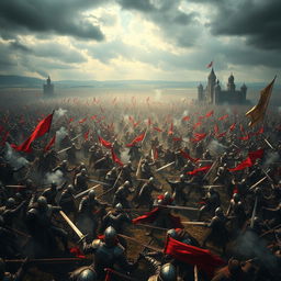 An expansive vision of an endless medieval war, showcasing a sprawling battlefield filled with armored knights and warriors in fierce combat