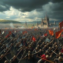 An expansive vision of an endless medieval war, showcasing a sprawling battlefield filled with armored knights and warriors in fierce combat