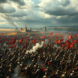An expansive vision of an endless medieval war, showcasing a sprawling battlefield filled with armored knights and warriors in fierce combat
