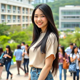 A portrait of a 21-year-old female college student from Hong Kong with long, straight black hair that flows beautifully