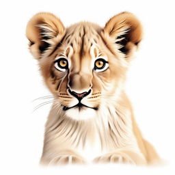 A high-quality, detailed illustration of a full-bodied lion cub against a stark white background