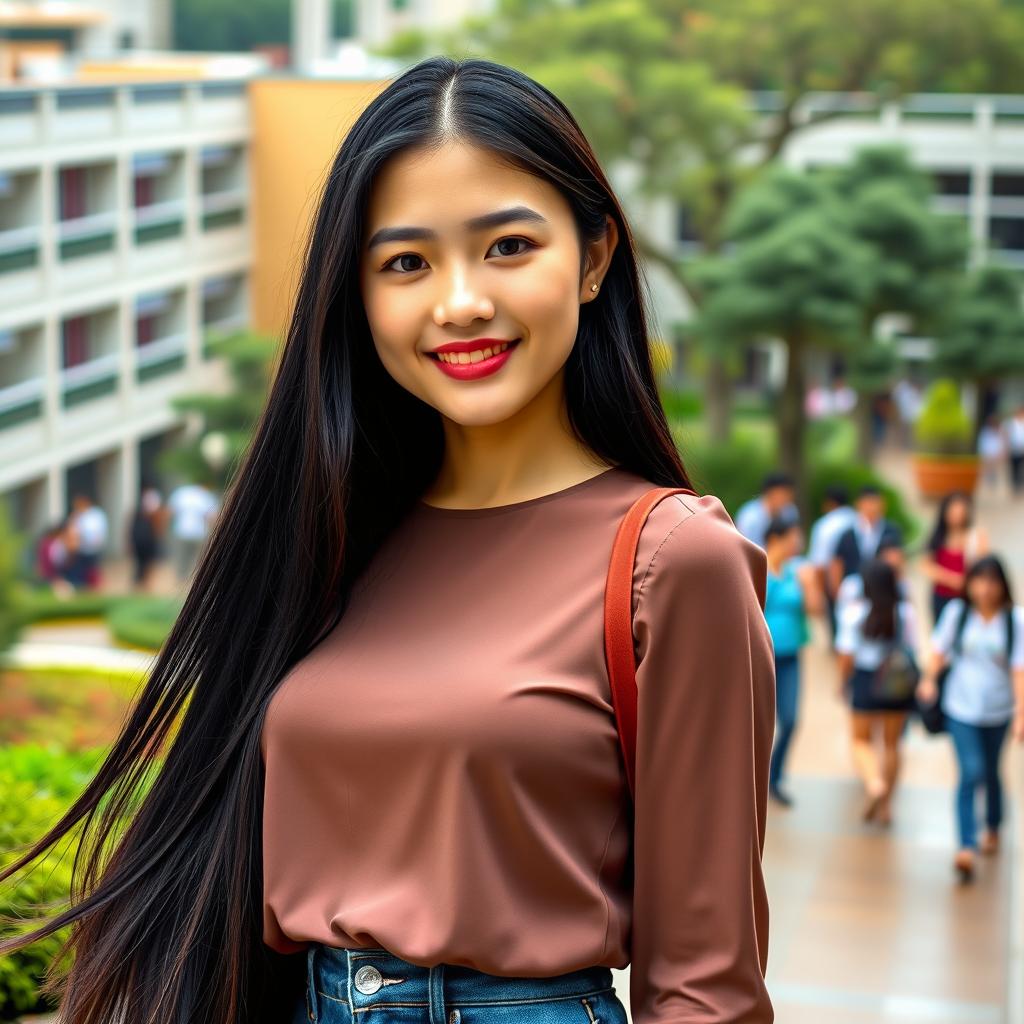 A portrait of a 21-year-old female college student from Hong Kong with long, straight black hair that flows beautifully