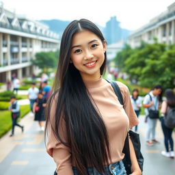 A portrait of a 21-year-old female college student from Hong Kong with long, straight black hair that flows beautifully