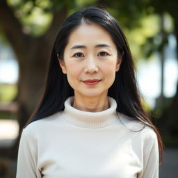 A full-body portrait of a 45-year-old woman with pale skin and long black hair, featuring a natural and ordinary face without makeup