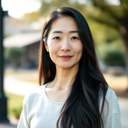 A full-body portrait of a 45-year-old woman with pale skin and long black hair, featuring a natural and ordinary face without makeup