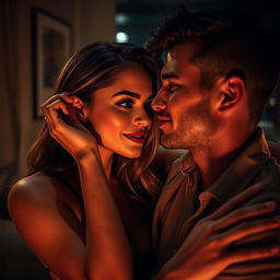 A captivating scene featuring a stunning supermodel with striking features and an alluring outfit, leaning in close to an innocent-looking guy who appears slightly shy but intrigued